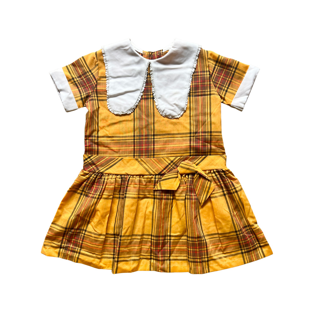 Vtg 60s Girls Tartan Plaid Dress Drop Waist Tie Big Collar Preppy Academia Twee